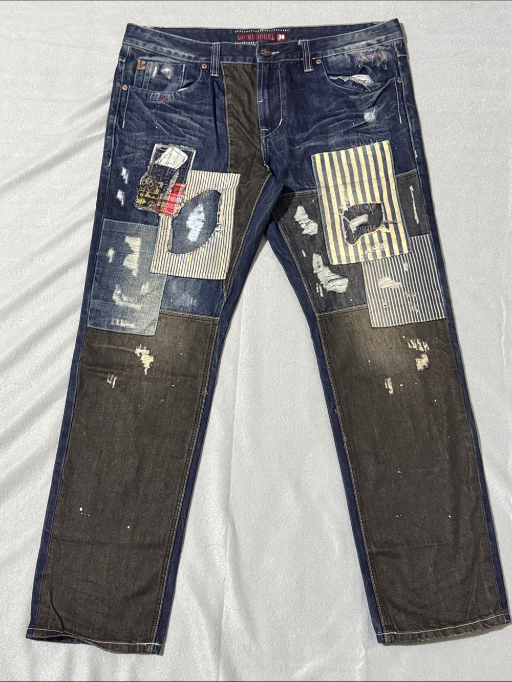 Grindhouse Men’s 38 Distressed Patchwork Jeans Streetwear Denim Grunge Blue